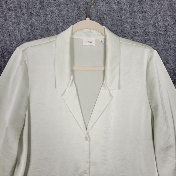 Aritzia WILFRED Green Tie Front Satin Blouse Long Sleeve Button Top SIZE LARGE - Picture 4 of 12